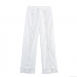 Women's White Lace Hollow Out Wide Leg Pants Bohemian Casual Patchwork Trousers With Elastic Waist For Vacation Summer Streetwear