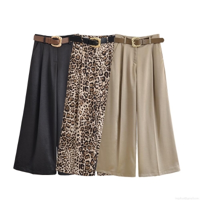Women's High Waisted Wide Leg Pants With Belt Polyester Fabric Casual Solid Color Leopard Print Long Trousers Autumn Streetwear