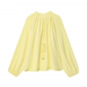 Women's Western Style High Neck Lantern Sleeve Pleated Blouse Polyester Chiffon Solid Color Tie Front Loose Top For Daily Casual Streetwear