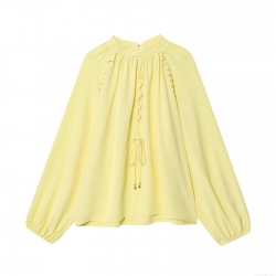 Women's Western Style High Neck Lantern Sleeve Pleated Blouse Polyester Chiffon Solid Color Tie Front Loose Top For Daily Casual Streetwear