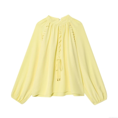 Women's Western Style High Neck Lantern Sleeve Pleated Blouse Polyester Chiffon Solid Color Tie Front Loose Top For Daily Casual Streetwear