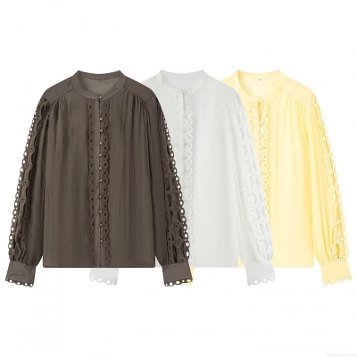 Women's Polyester Elegant Hollow Out Lace Trim Patchwork Blouse Round Neck Long Sleeve Single Breasted Casual Shirt Top for Women Autumn Streetwear