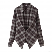 Women's Fashion Plaid Long Sleeve Shirt Jacket Polyester Turndown Collar Single Breasted Loose Casual Blouse With Irregular Hem Autumn Streetwear Top