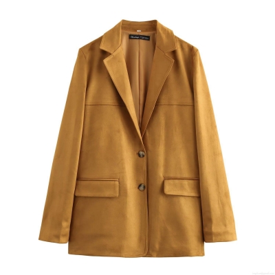 Women's Faux Suede Blazer Jacket Elegant Lapel Long Sleeve Solid Color Button Down Coat With Pockets For Autumn Office Work Casual Streetwear Chic Outerwear
