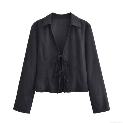 Women's Long Sleeve Shirt Polyester Suede Lace-up Lapel Collar Top Solid Color Street Style Casual Blouse For Daily Wear Autumn Spring