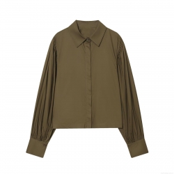 Women's Fashion Solid Color Lapel Poplin Shirt Long Sleeve Puff Sleeve Loose Blouse Army Green Casual Office Top Fall Winter