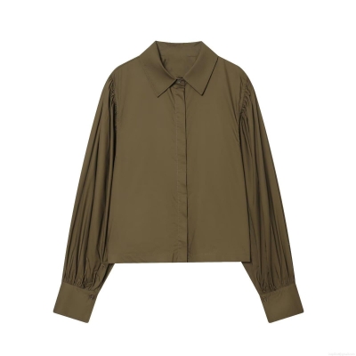 Women's Fashion Solid Color Lapel Poplin Shirt Long Sleeve Puff Sleeve Loose Blouse Army Green Casual Office Top Fall Winter