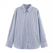 Women's Fashion Loose Striped Poplin Shirt Long Sleeve Turn-Down Collar Button Up Blouse For Daily Office Commute Casual Tops