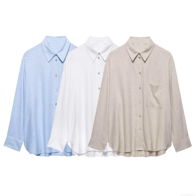 Women's Casual Loose Linen-Look Long Sleeve Shirt Button Down Blouse with Pocket Solid Color Mid-Length Tops for Spring Summer Office Commute