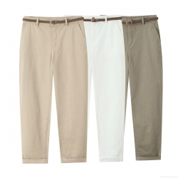 Women Casual Tapered Pants With Woven Belt Cotton Blend Polyester Spandex Slim Fit Mid Waist Solid Color Khaki White Olive Green Lightweight Breathable Long Trousers For Daily Vacation Fashion