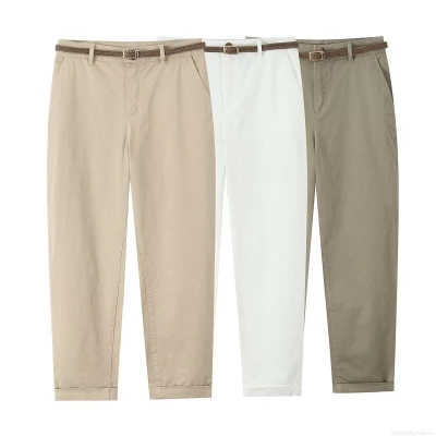 Women Casual Tapered Pants With Woven Belt Cotton Blend Polyester Spandex Slim Fit Mid Waist Solid Color Khaki White Olive Green Lightweight Breathable Long Trousers For Daily Vacation Fashion