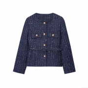 Elegant Navy Blue Tweed Blazer Jacket With Belt Sequin Sequin Decoration Round Neck Long Sleeve Gold Embossed Buttons Women Commuter Outerwear