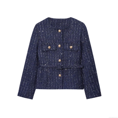 Elegant Navy Blue Tweed Blazer Jacket With Belt Sequin Sequin Decoration Round Neck Long Sleeve Gold Embossed Buttons Women Commuter Outerwear