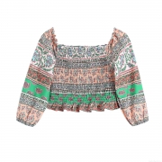 Bohemian Floral Print Smocked Blouse Women Square Neck Long Sleeve Ruffle Hem Cropped Top 100% Polyester Slim Fit Casual Vacation Shirts