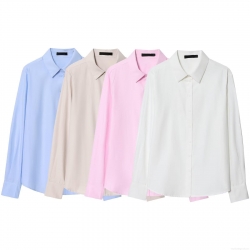 Women's Fashion Solid Color Polyester Spandex Long Sleeve Button Up Shirt Loose Casual Lapel Blouse Spring Autumn Top For Office Daily Wear