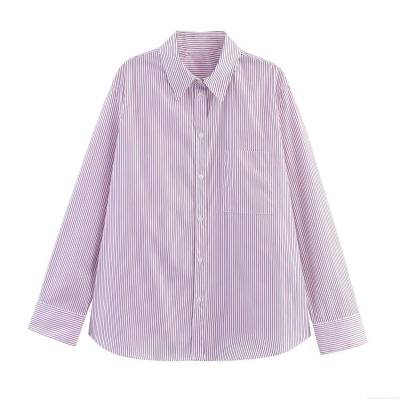 Women's Casual Striped Poplin Shirt Fashion Loose Long Sleeve Button Down Blouse With Chest Pocket For Everyday Office Autumn Spring Wear Comfortable Soft Lightweight Top