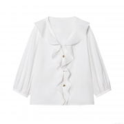 Elegant Women White Long Sleeve Blouse Ruffle Trim Poplin Shirt With Gold Buttons V-Neck Fashion Sweet Style Casual Office Commuter Top