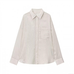 Women's Casual Loose Striped Long Sleeve Shirt Minimalist Button Down Lapel Blouse With Chest Pocket Cotton Linen Feel Tops For Daily Work