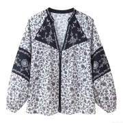 Women's Casual Vintage Floral Print Blouse V-Neck Long Sleeve Patchwork Loose Pullover Top Polyester Woven Shirt For Women