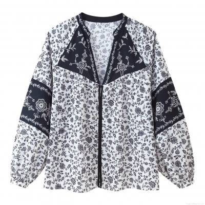 Women's Casual Vintage Floral Print Blouse V-Neck Long Sleeve Patchwork Loose Pullover Top Polyester Woven Shirt For Women