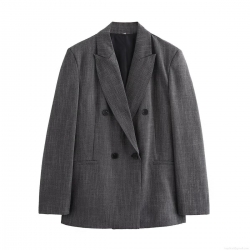 Women's Elegant Double Breasted Blazer Jacket With Shoulder Pads Graphite Grey Heather Twill Notch Lapel Long Sleeve Regular Fit Commute Office Work Outerwear For Women