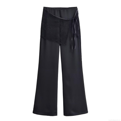 Women's Fashion Casual Wide Leg Pants Polyester Lace Waist Overlay With Satin Ribbon Tie Irregular Hem Loose Fit Trousers For Daily Office Women Winter Clothing