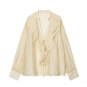Women's Elegant V-Neck Ruffle Blouse Long Sleeve Tie-Front Solid Color Polyester Spandex Blended Top For Casual Office Dating Sweet Style Cream Yellow Shirt