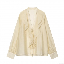 Women's Elegant V-Neck Ruffle Blouse Long Sleeve Tie-Front Solid Color Polyester Spandex Blended Top For Casual Office Dating Sweet Style Cream Yellow Shirt