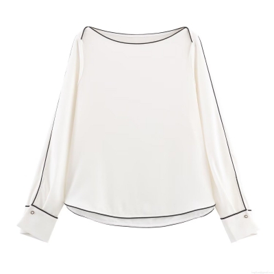 Elegant Women's Contrast Trim Off-The-Shoulder Blouse Long Sleeve Polyester Spandex Splicing Shirt Minimalist Casual Chic Top For Daily Commute Office Wear