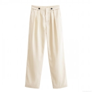 Women's High Waist Pleated Wide Leg Trousers Elegant Creamy White Solid Color Commute Dress Pants With Button Decor Side Pockets