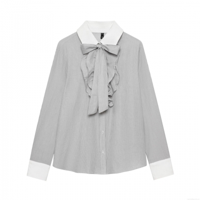 Women's Elegant Striped Long Sleeve Shirt With Contrast Collar And Cuffs 100% Polyester Bow Tie Ruffle Detail Button Up Blouse For Office Daily Wear