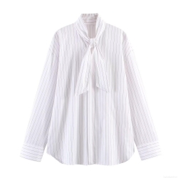 Fashion Striped Poplin Shirt For Women With Scarf Bow Tie Long Sleeve Vertical Stripe Blouse Lady Casual Office Tops