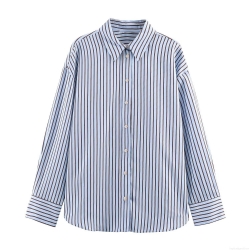 Women Fashion Striped Poplin Shirt Long Sleeve Button Down Loose Fit Casual Office Blouse For Ladies Modern Sweet Style Soft Fabric Comfortable