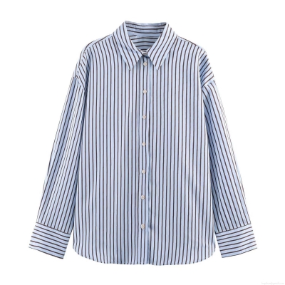 Women Fashion Striped Poplin Shirt Long Sleeve Button Down Loose Fit Casual Office Blouse For Ladies Modern Sweet Style Soft Fabric Comfortable