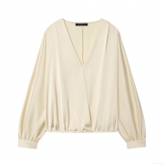 Women's Elegant Satin Blouse Deep V-Neck Wrap Front Long Sleeve Pullover Shirt Solid Color Silky Texture Commuter Top For Ladies Office Daily Wear