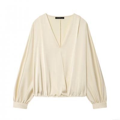 Women's Elegant Satin Blouse Deep V-Neck Wrap Front Long Sleeve Pullover Shirt Solid Color Silky Texture Commuter Top For Ladies Office Daily Wear