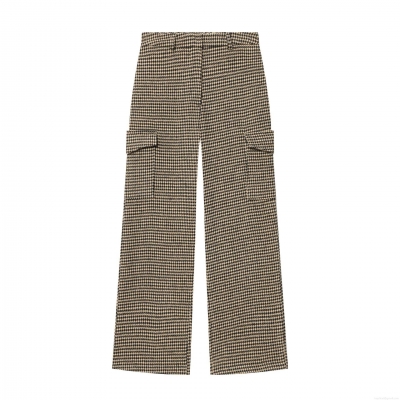 Women's Houndstooth Cargo Pants High Waist Straight Leg Plaid Trousers With Side Flap Pockets Casual Streetwear Fashion Polyester Pants for Women