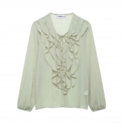 Women's Elegant Ruffle Chiffon Blouse Long Sleeve Lace-up V Neck Mint Green Solid Color Semi-transparent Shirt Top for Daily Casual Commute