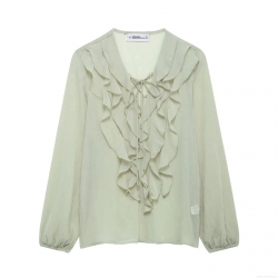 Women's Elegant Ruffle Chiffon Blouse Long Sleeve Lace-up V Neck Mint Green Solid Color Semi-transparent Shirt Top for Daily Casual Commute