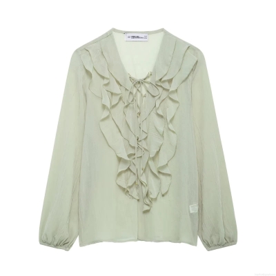 Women's Elegant Ruffle Chiffon Blouse Long Sleeve Lace-up V Neck Mint Green Solid Color Semi-transparent Shirt Top for Daily Casual Commute