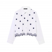 Women's Floral Embroidered Poplin Shirt 100% Polyester Long Sleeve Button Down Blouse with Scalloped Hollow Hem Casual Fashion Tops for Women