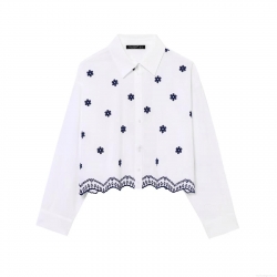 Women's Floral Embroidered Poplin Shirt 100% Polyester Long Sleeve Button Down Blouse with Scalloped Hollow Hem Casual Fashion Tops for Women