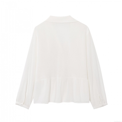 Women's French Vintage V Neck Blouse Shirt Long Sleeve Lace Patchwork Single Breasted Ruffle Hem Faux Linen Cotton Top For Elegant Lady Daily Wear