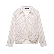 Women's Niche Design Vertical Striped Long Sleeve Shirt Twist Hem Detail Button Down Blouse Polyester Cotton Linen Blend Breathable Lightweight Casual Tops For Women Ladies Chic Vacation Daily Wear Shirt