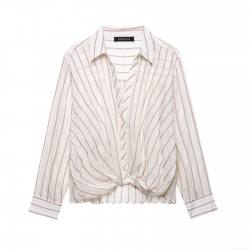 Women's Niche Design Vertical Striped Long Sleeve Shirt Twist Hem Detail Button Down Blouse Polyester Cotton Linen Blend Breathable Lightweight Casual Tops For Women Ladies Chic Vacation Daily Wear Shirt