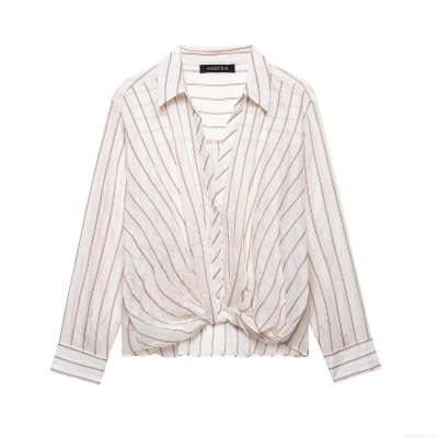Women's Niche Design Vertical Striped Long Sleeve Shirt Twist Hem Detail Button Down Blouse Polyester Cotton Linen Blend Breathable Lightweight Casual Tops For Women Ladies Chic Vacation Daily Wear Shirt