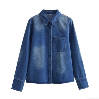 Women Sweet Long Sleeve Denim Style Shirt Vintage Blue Water Washing Button Down Blouse Casual Daily Wear Top Polyester Fabric Shirt For Ladies