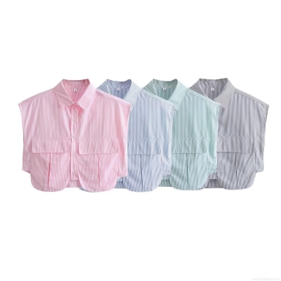Women's Casual Striped Sleeveless Shirt Polyester Lapel Single Breasted Cropped Blouse With Big Pockets For Summer Daily Fashion Tops