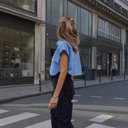 Women's Fashion Casual Polyester Short Shirt Blouse With Dual Pockets Single Breasted Cap Sleeve Solid Color Workwear Crop Top For Women Daily Streetwear