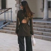Women Backless Cutout Blazer Jacket With Belt Metal D-Ring Long Sleeve Solid Color Fashion Office Casual Trendy Streetwear Outerwear For Ladies
